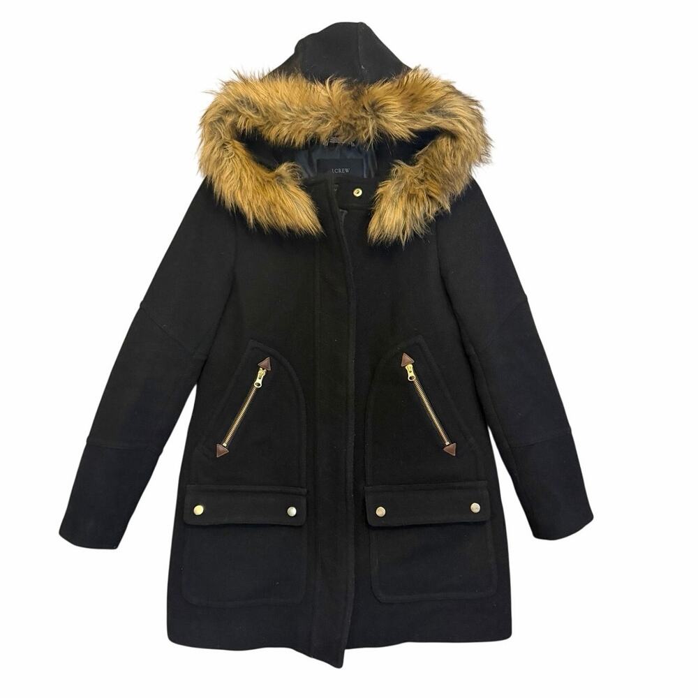 J.Crew Chateau Parka Coat Sz 4 Black Italian Stadium Wool Faux Fur Outdoor Warm